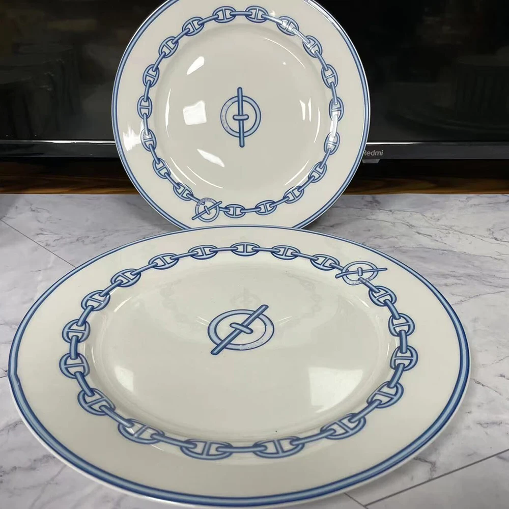 

Blue Chain Bone china dinner plate new coffee cup Western food plate daily gift luxury dinner plate four piece set