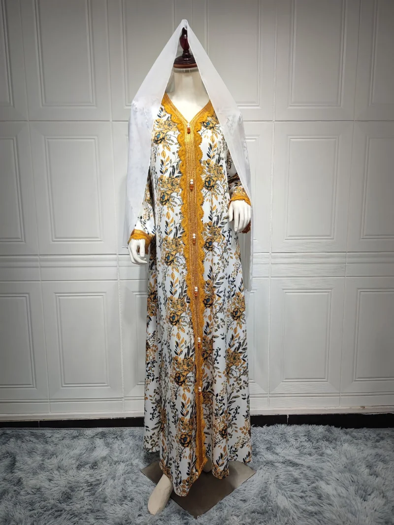 2023 Summer Muslim Women Fashion Long Sleeve V-neck Printing Polyester Orange Long Abaya Muslim Dresses Abaya Dress