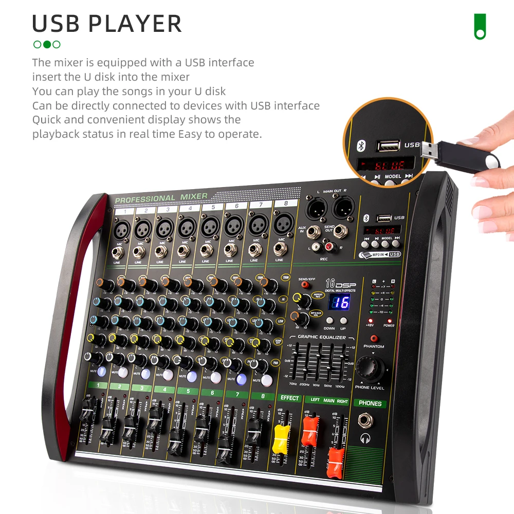 8-канальный миксер профессиональный аудиомикшер с эффектом реверберации 16 DSP