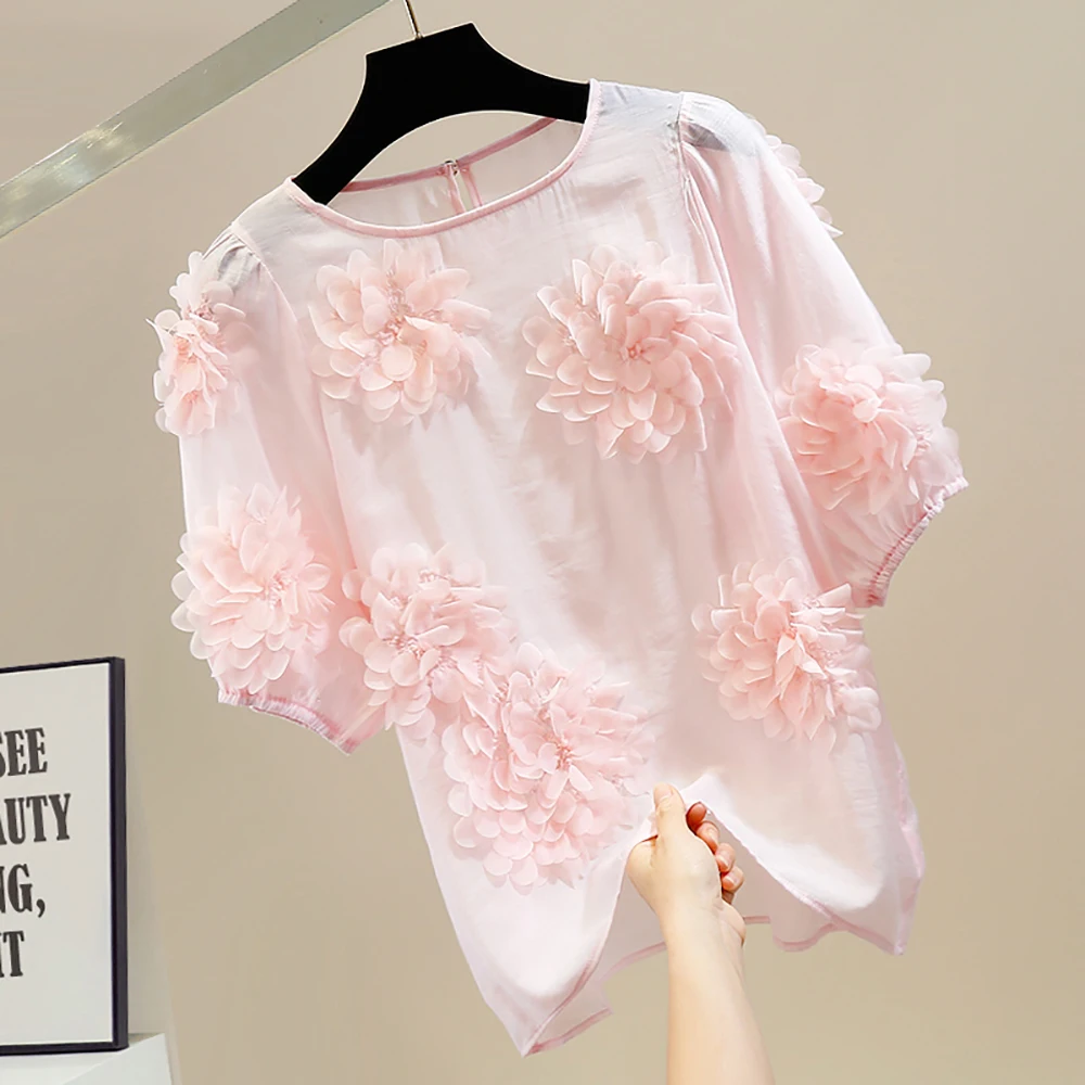 

Summer Elegant Light Thin Flower Chiffon Women's Shirts Fashion Casual Sweet Asymmetry Puff Short Sleeve Black Ladies Blouses