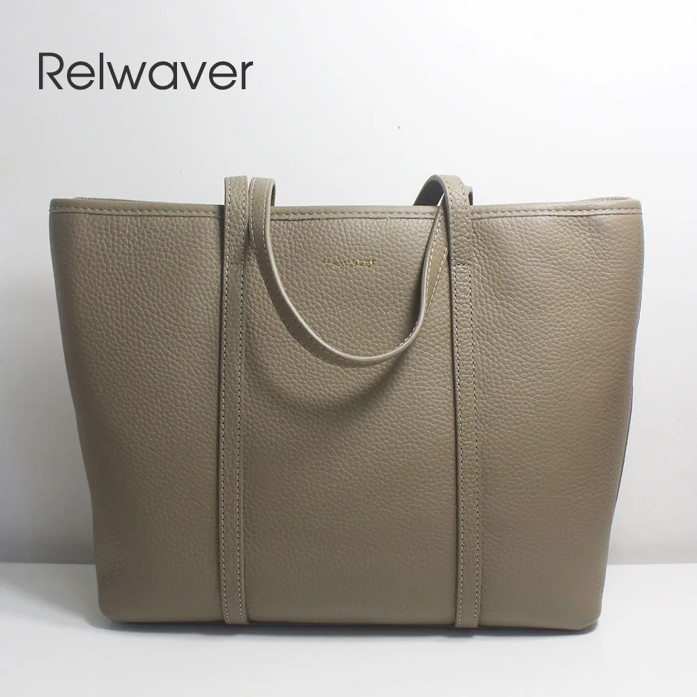 

Relwaver cowhide women tote bag big women genuine leather handbag brief minimalist ol grey versatile commute women bag
