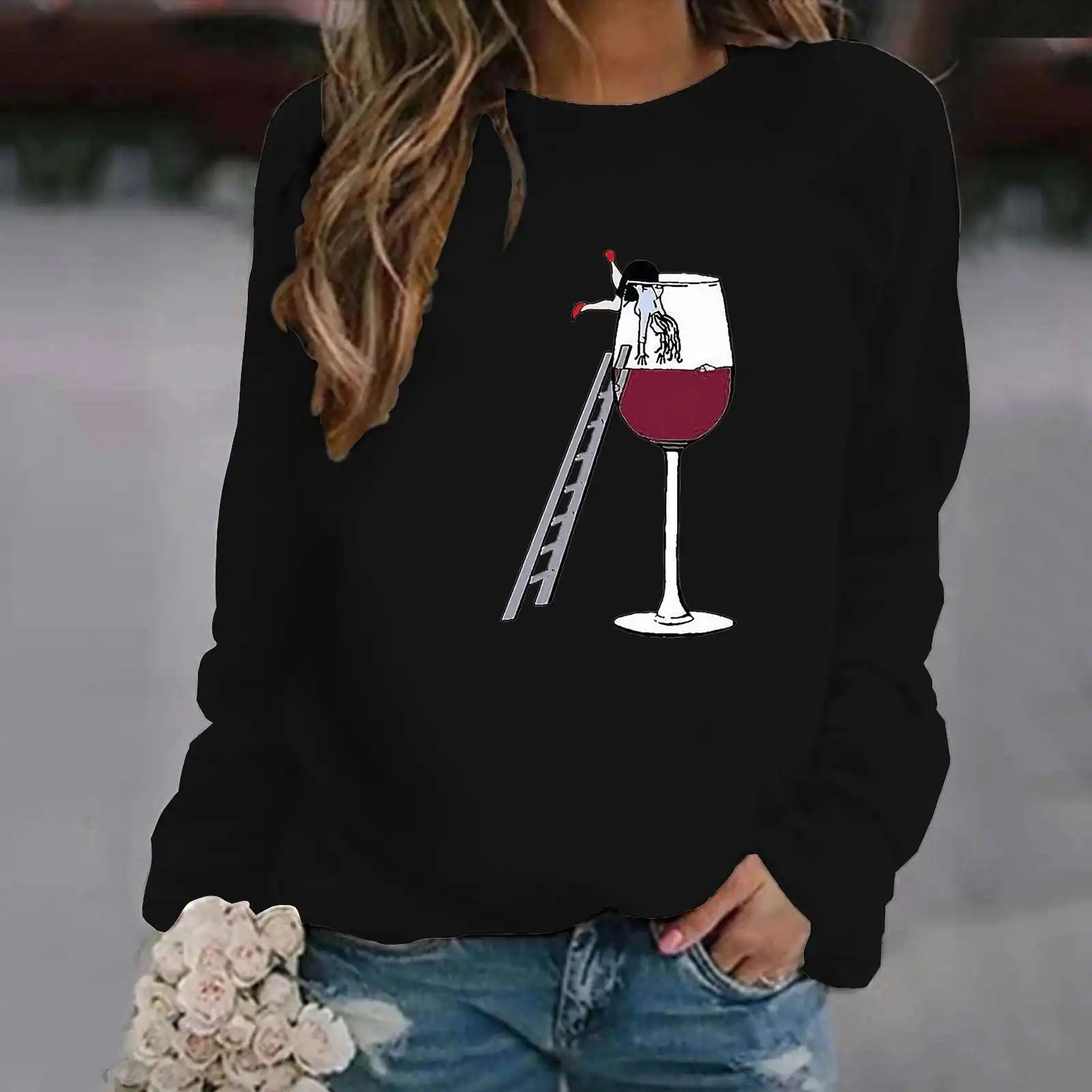 

Cute Wine Print Spring Autumn Hoodies Women Casual Long Sleeve O Neck Loose Female Cartoon Wine Sweatshirt Femme Clothing Gothic