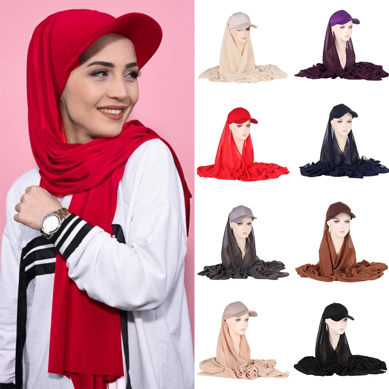 

2022 New Turban Hat Bandana Shawl Instant Hijab Baseball Cap Hijab For Women 2-piece Set Sports Style Solid Color Hijab Scarf