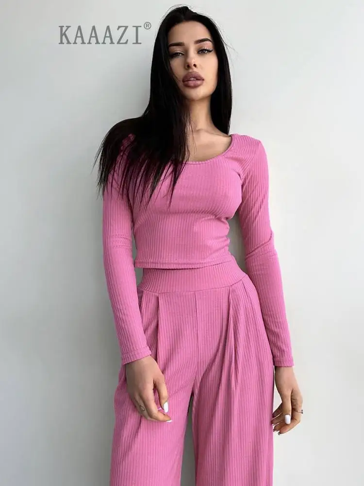 

KAAAZI Autumn New Office Lady Suit Long Pants Women Elegant Long Sleeve T Shirt Two Piece Set Fashion Solid Casual Clothing