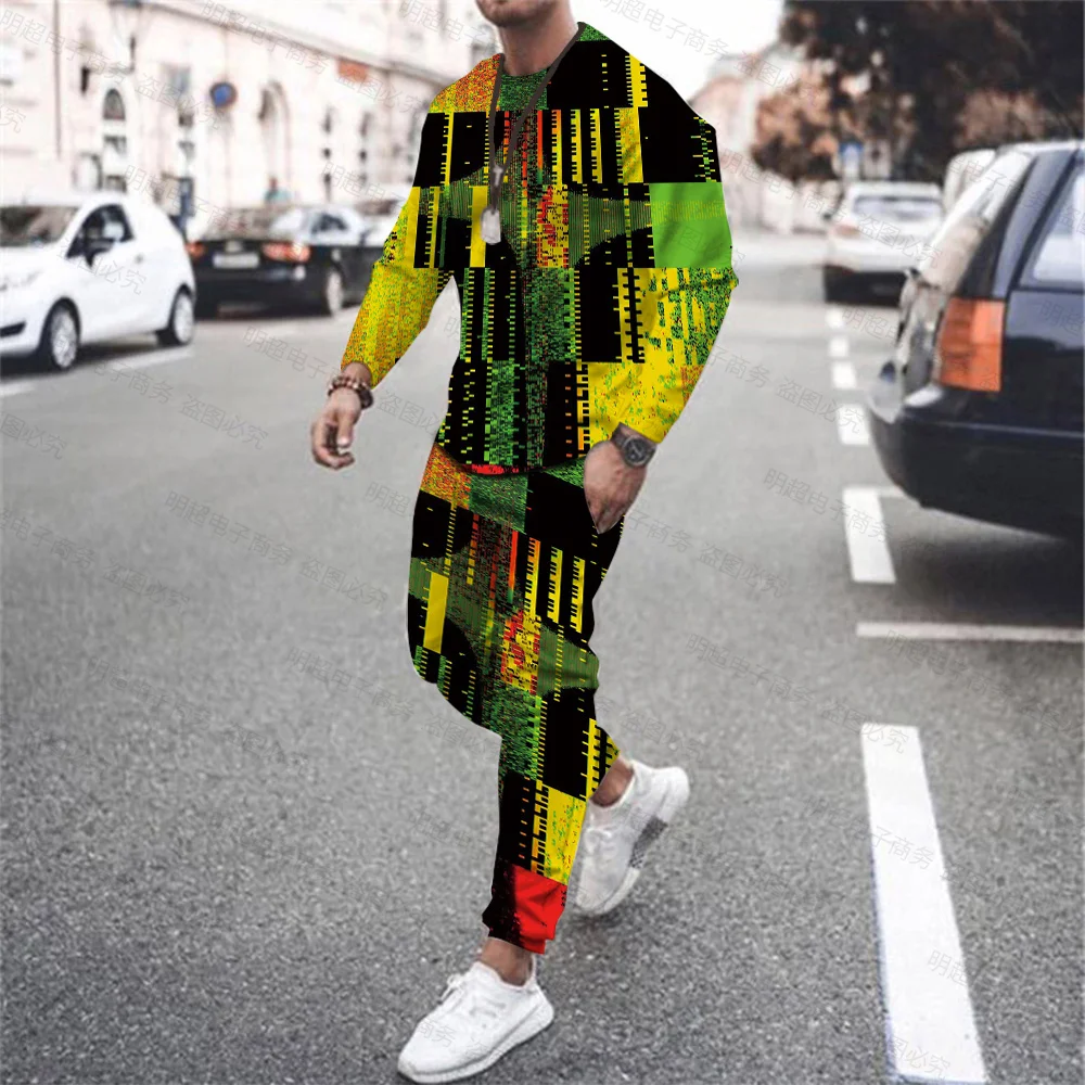 

Autumn and Winter New Retro Oil Painting Grid Print Men's Sports Long Sleeve + Casual Fashion Trousers Fitness Plus Size Suit