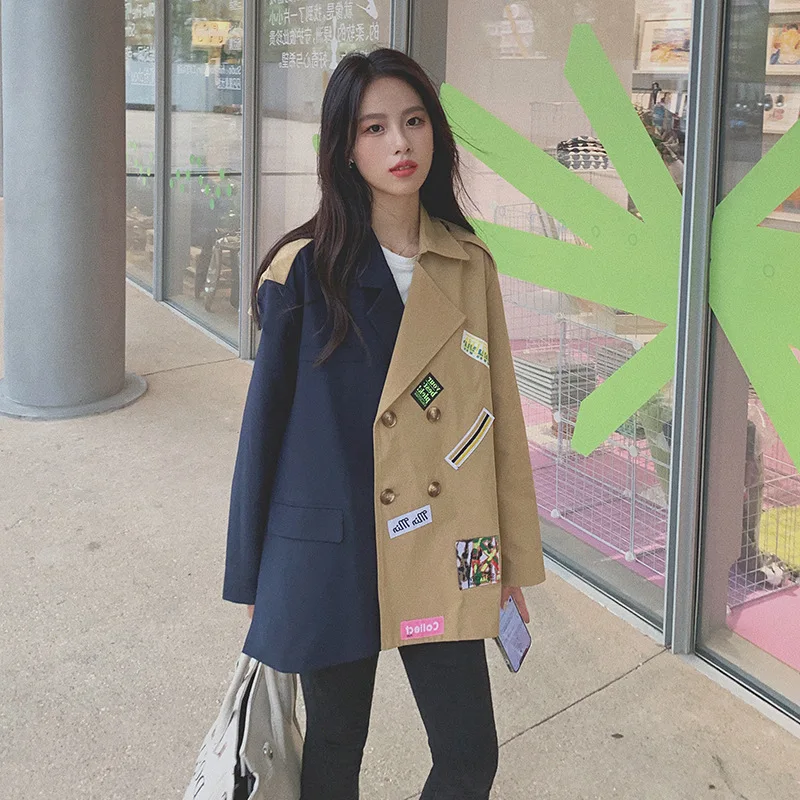 

Fashion Street Style Color Matching Label Suit Jacket Women's Korean Version Loose Suit Spring and Autumn All-match Top Women's