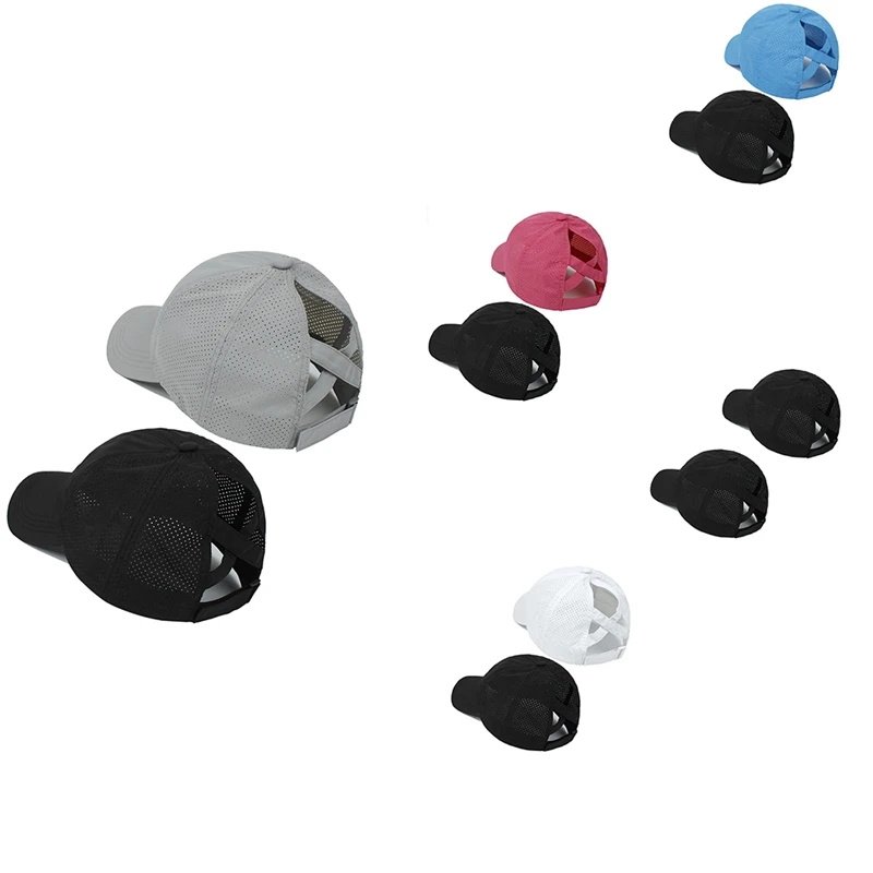 

ELOS-2Pcs Women Criss Cross Ponytail Baseball Cap High Messy Bun Ponycap Quick Drying Mesh Outdoor Travel Hat