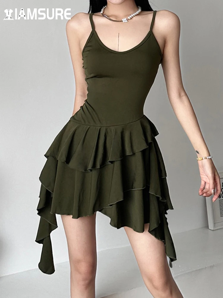 

IAMSURE Casual Solid Ruffles A-Line Dress Elegant Fashion Slim V-Neck Sleeveless Mini Dresses For Women 2023 Autumn Winter Lady