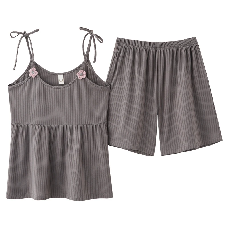 CAIYIER New 2022 Summer Girls Sleepwear Suit Cute Flower Sling Sexy Nightwear For Women Solid Leisure Pajamas Set Big Size M-4XL