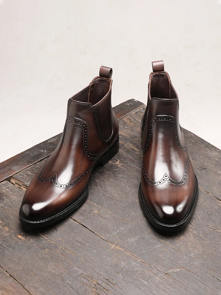 

New Boutique Business Formal Men's Boots, English Block Chelsea Short Boots, Pointed Leather