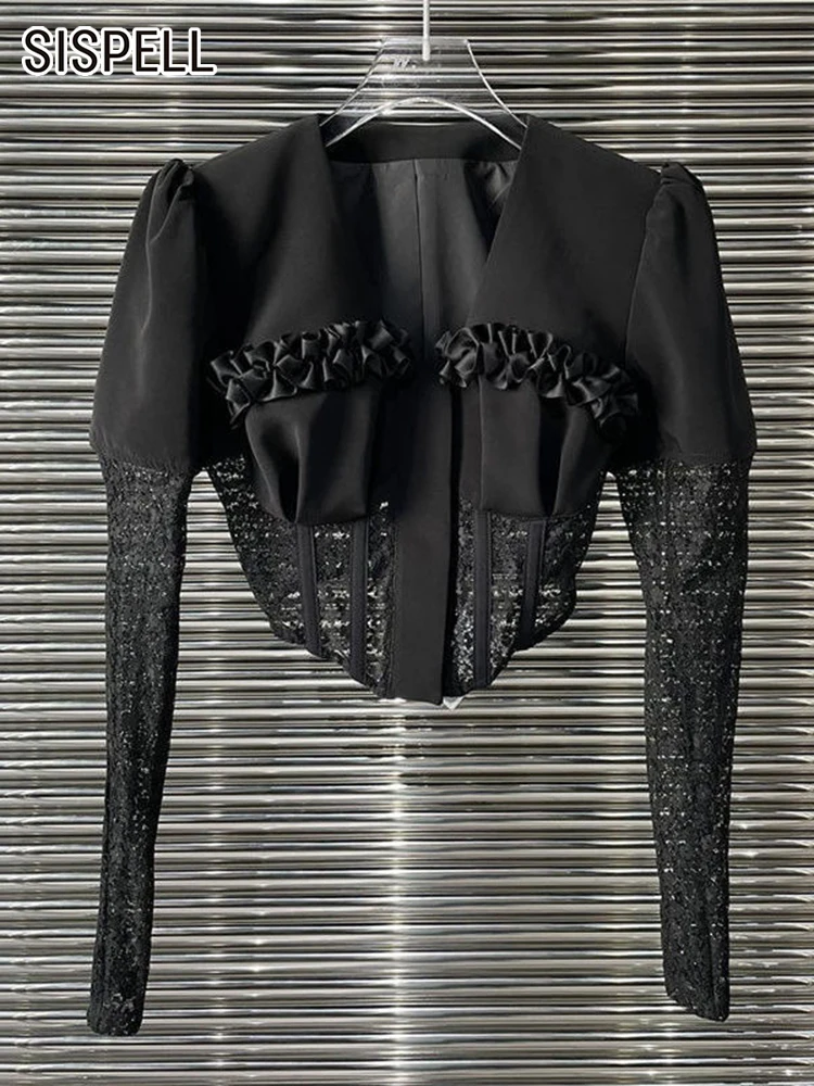 

SISPELL Black Slim Jackets For Women V Neck Long Sleeve Patchwork Single Breasted Temperament Jacket Female Autumn Clothing New