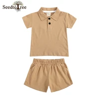 2022 summer casual childrens sets solid color turndown collar short sleeve t shirt elastic waist pants two pieces suit