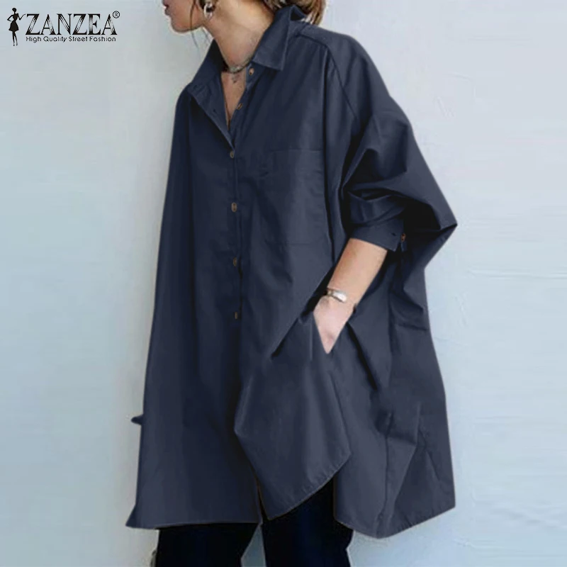 

Baggy Tops Bohemian Solid Lapel Holiday Loose Work OL Front Pocket Chemise ZANZEA Spring Women Full Sleeved Long Blouse Shirts