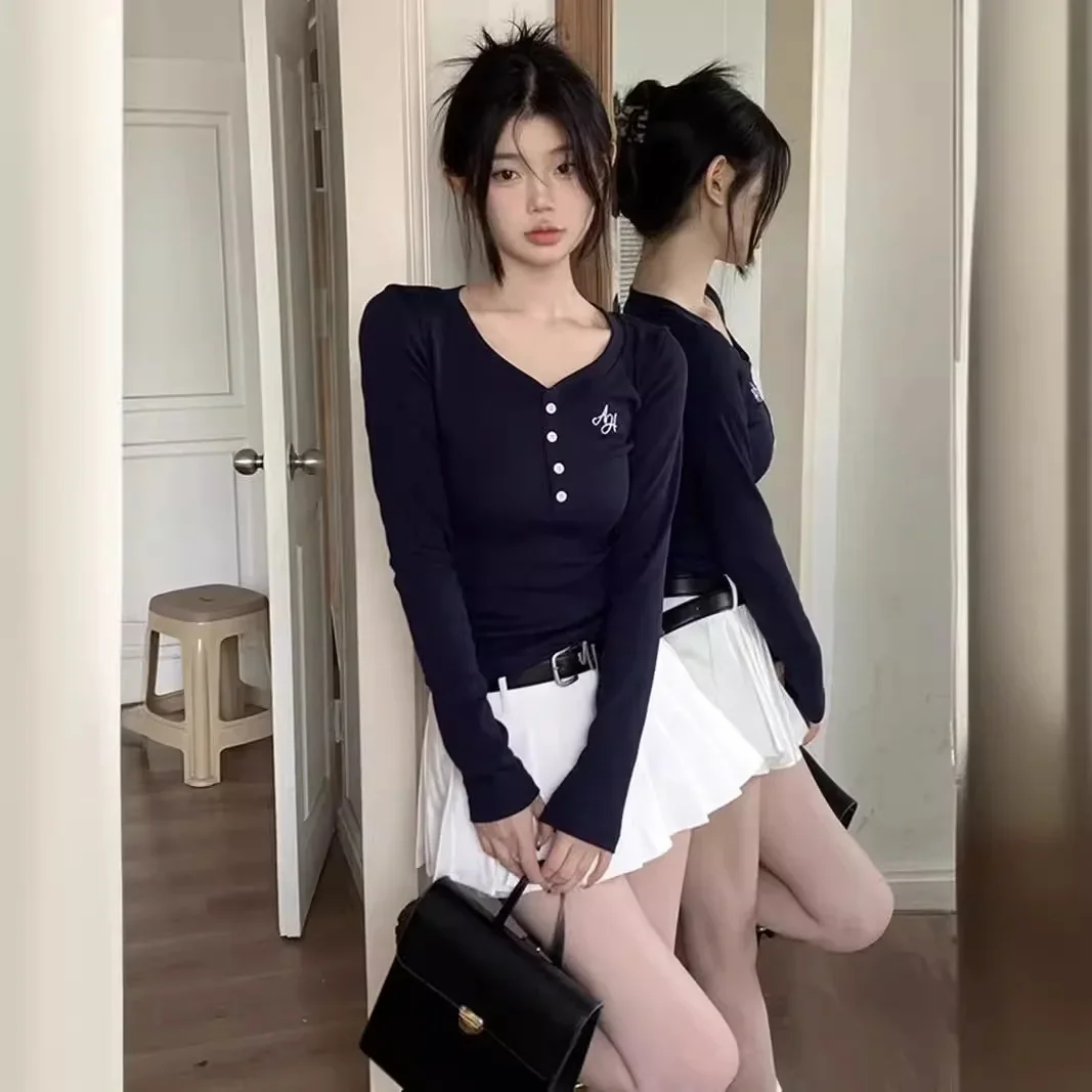 Женская трикотажная футболка с V-образным вырезом и длинным рукавом