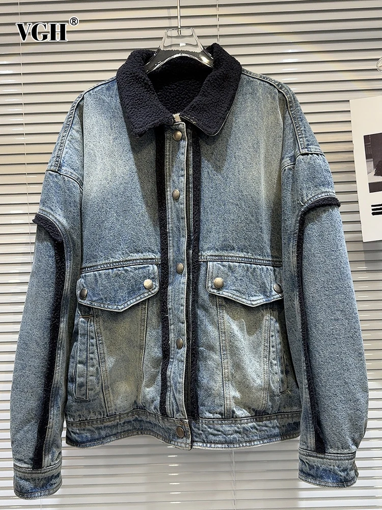 

Женская джинсовая куртка VGH в стиле пэчворк, повседневная однобортная Свободная куртка с отложным воротником и длинным рукавом, с карманами и цветными блоками