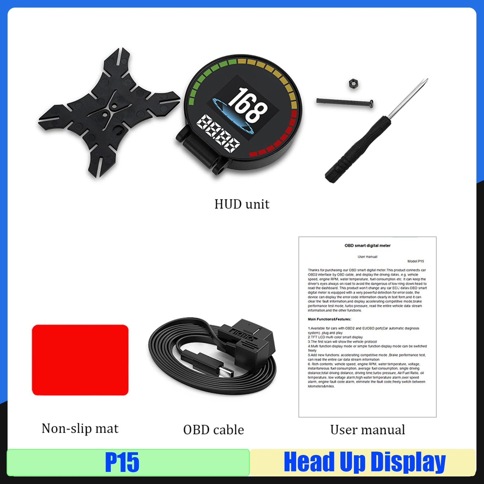 

P15 HUD OBD2 Умный проекционный дисплей Спидометр Turbo Boost Давление Масло Вода Термометр Цифровой OBD2 Диагностическое предупреждение На заказ