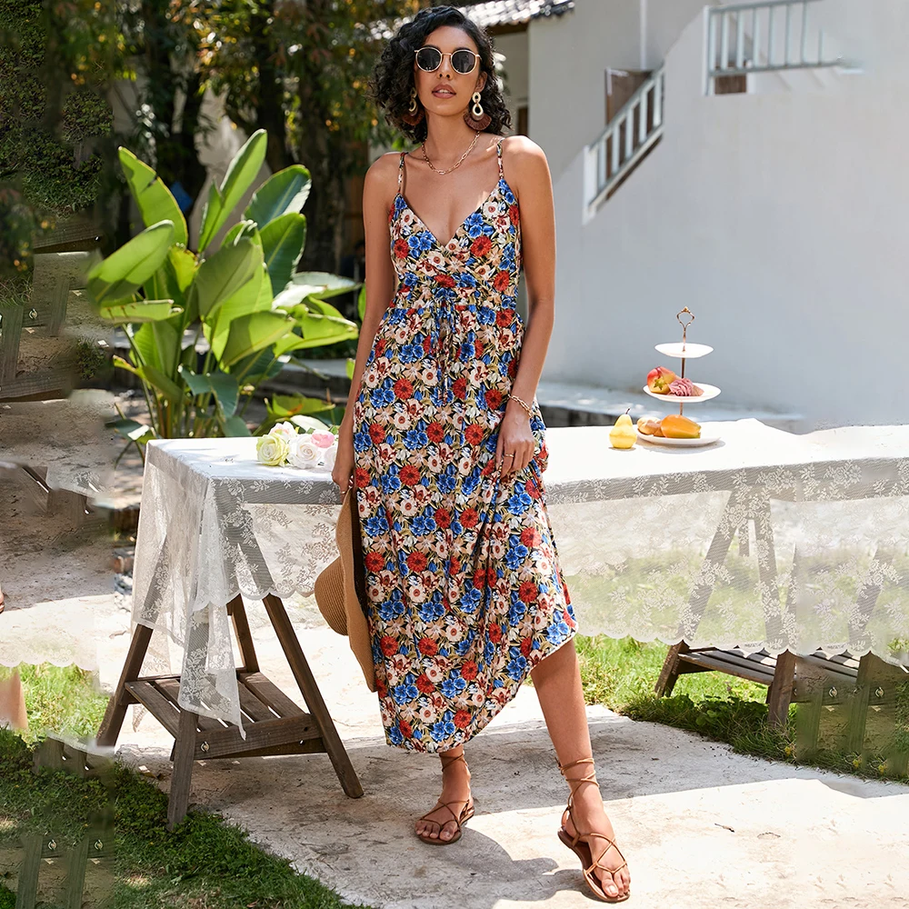 

Summer Strap Long Dress Women 2022 Fashion Floral Print Sexy Sleeveless Backless Deep V Neck Elegant Maxi Dresses Casual Robes