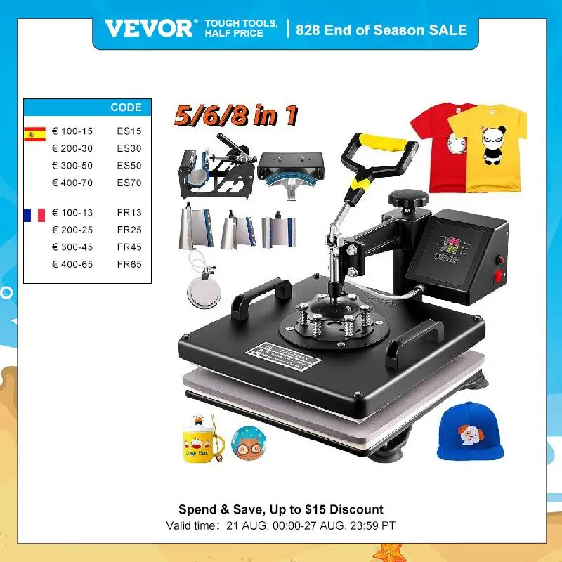 VEVOR Combo Heat Press Machine 5/6/8 in 1 30*38CM 38*38CM Muntifunctional Sublimation Printer Transfer for Mug Hat Plate T-Shirt