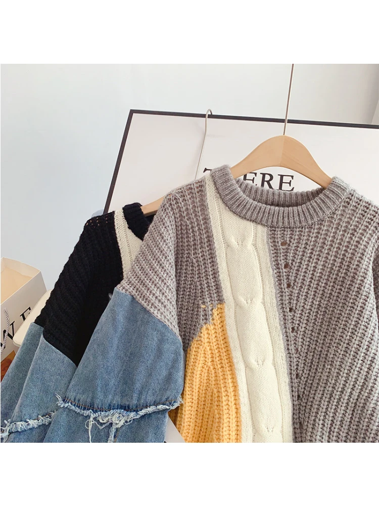 Джинсовый вязаный свитер с длинным рукавом Женская осенне-зимняя новая блузка