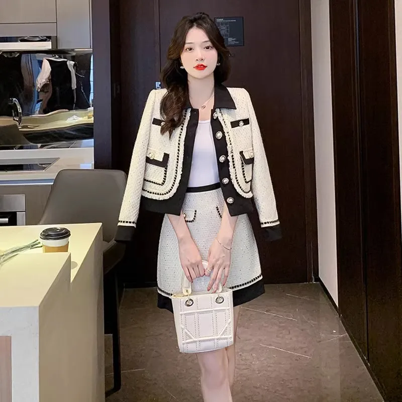 

High Quality French Vintage Small Fragrant Gold Wire Tweed 2 Piece Sets Fall Winter Fashion Jacket Coat+Mini Skirt Women Outfits