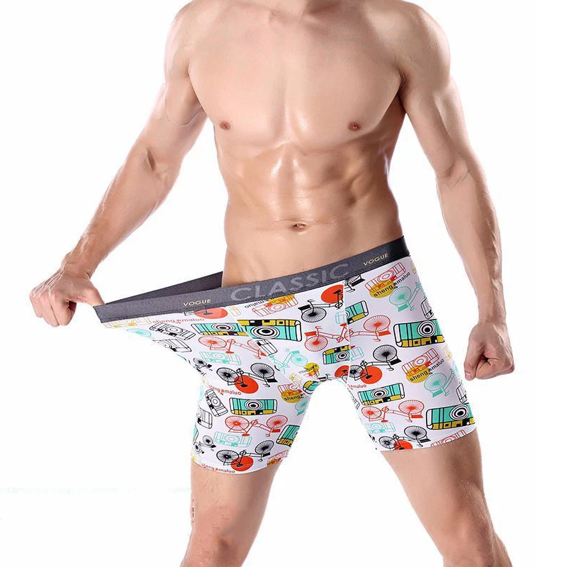 Men's Sports Lengthening Ice Silk Soft Printing Long Boxer Briefs Running Plus Size Men's Boxer Shorts Sports Fitness Underwear