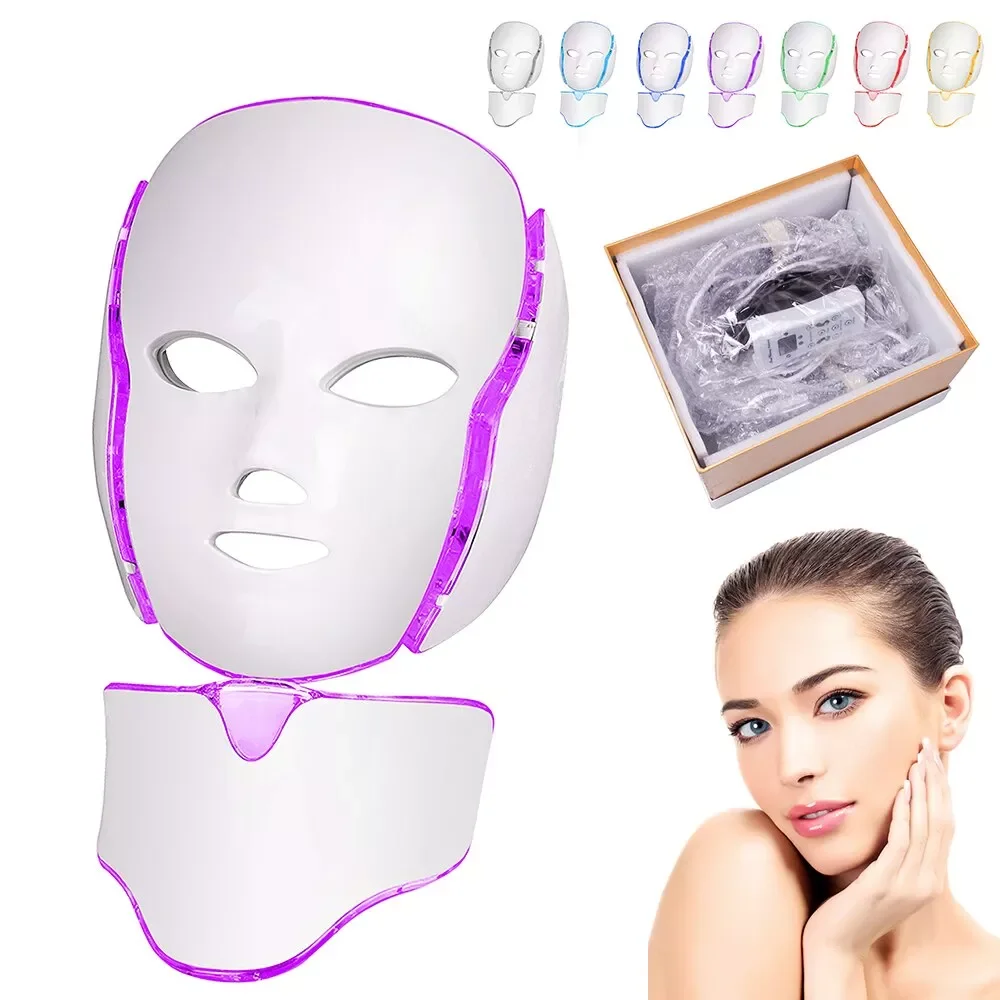 LED Facial Mask Photon 7 Colors Light Face Mask Beauty Machine Neck Therapy Skin Rejuvenation Anti Wrinkle Acne Tighten Skincare