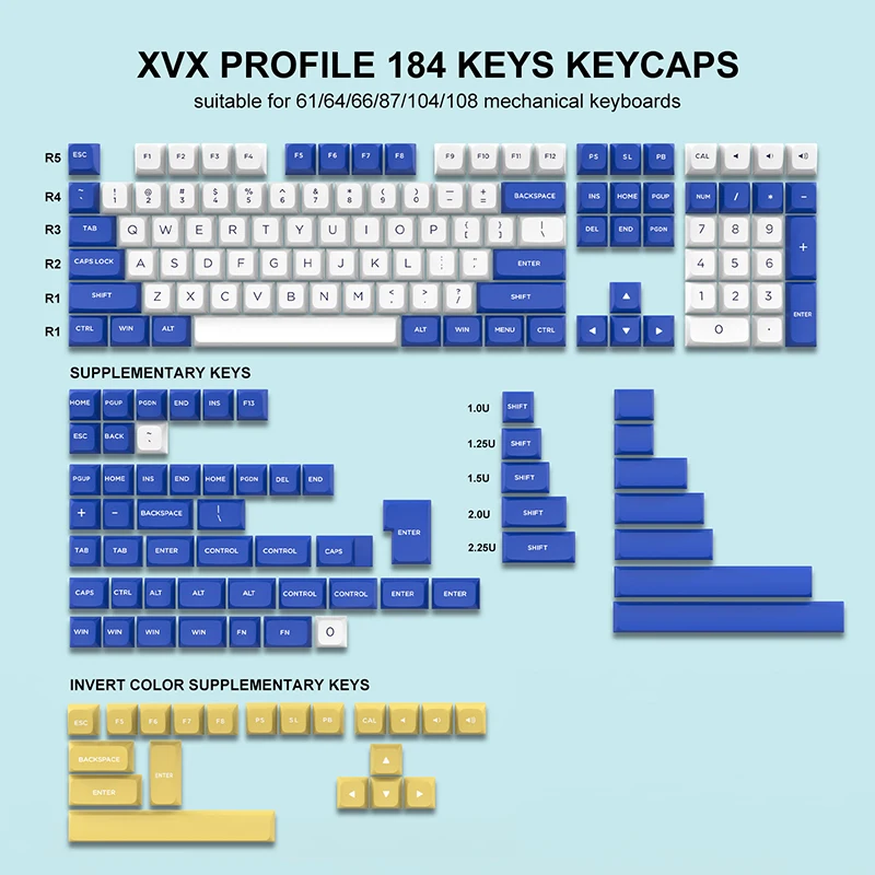 

184 Keys PBT Keycaps Double-shot Customs Kit Backlit XVX Profile Blue KeyCap For Anne Pro 2 Womier Mechanical Gaming Keyboards