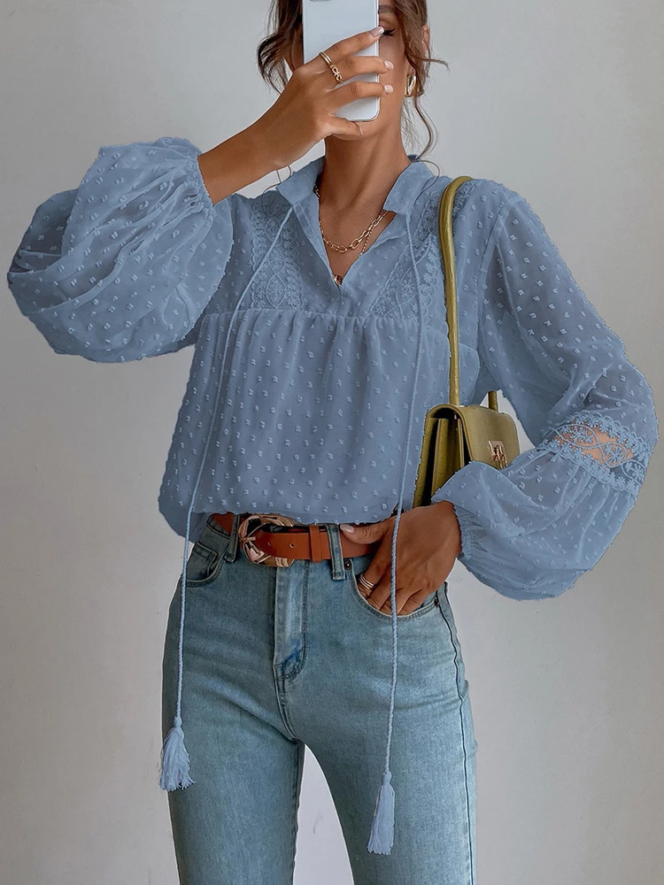 Элегантная женская винтажная блузка с рукавами-фонариками топы на шнуровке