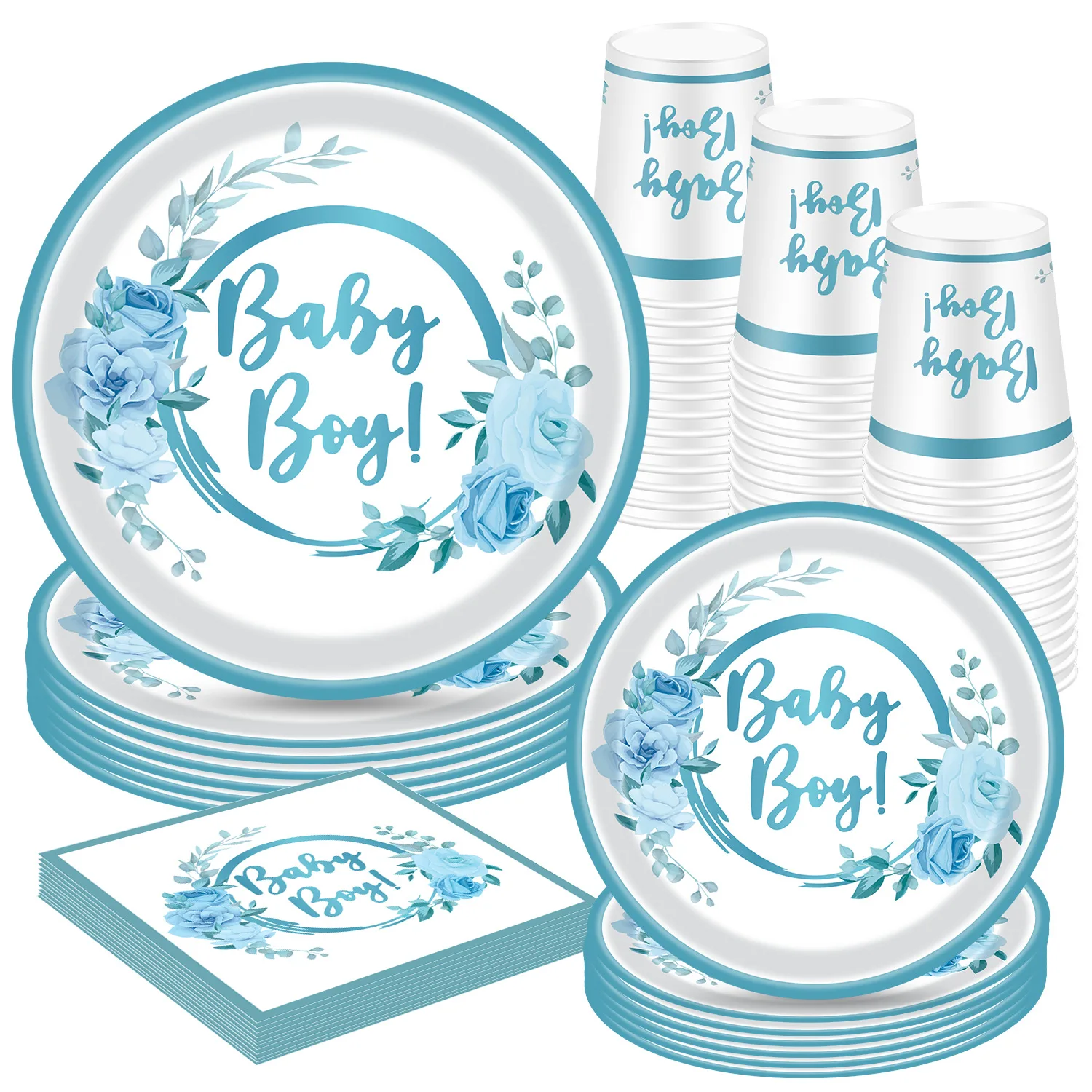 

New Baby Shower Party Supplies for Boy Serve 10 Including Plates Cups Napkins and Banner Disposable Babyshower Tableware Set