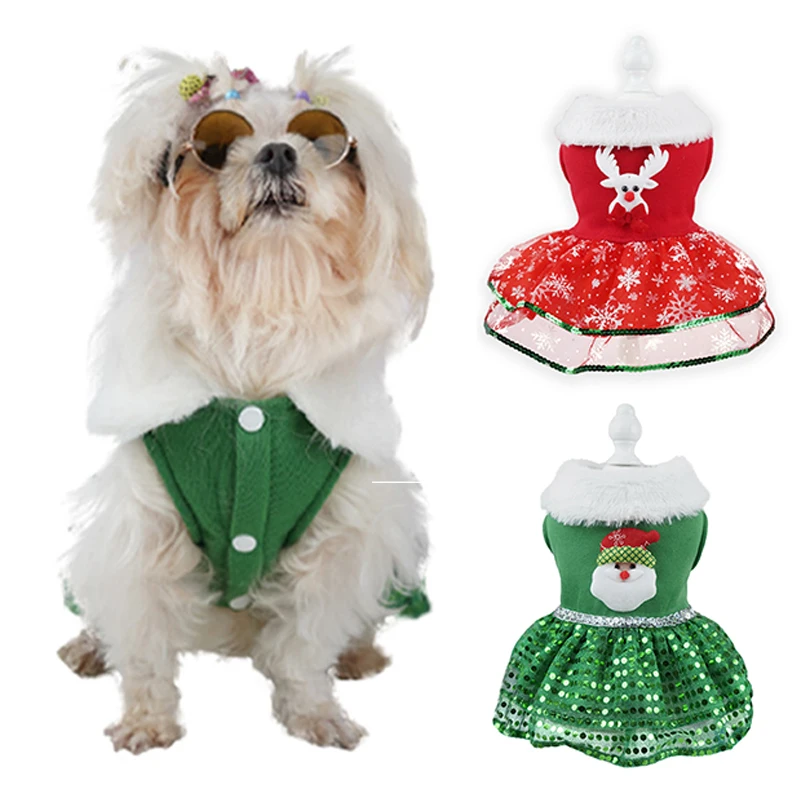 Christmas Pet Clothes Dog Winter Warm Dress Holiday Dress Lightweight Doggie Costume Santa Elk Embroidery Puppy Clothes