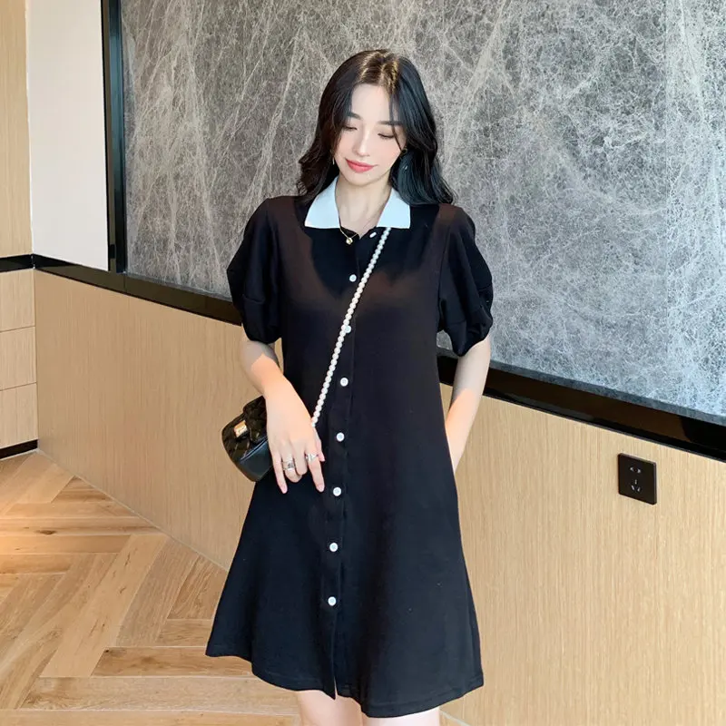 

Korean Style Women Dress Solid Black Single Breast Button Puff Sleeve Turn-Down Collar Sweet Dress Women Summer Aline Mini Dress