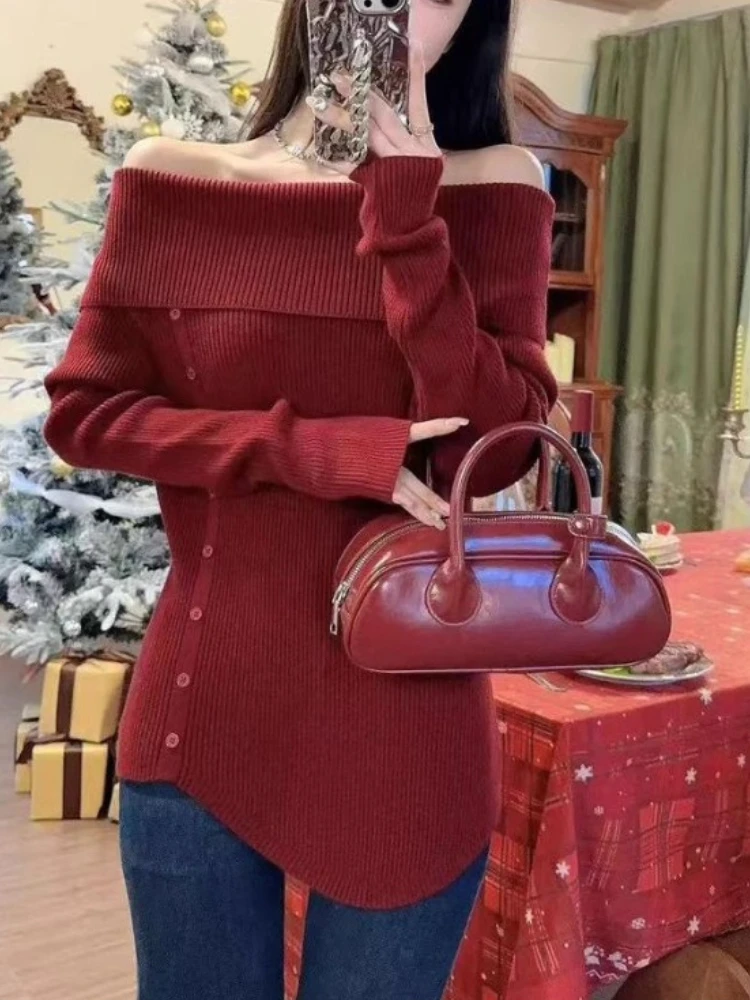 Красная линия шеи с открытыми плечами приталенный рождественский пуловер свитер