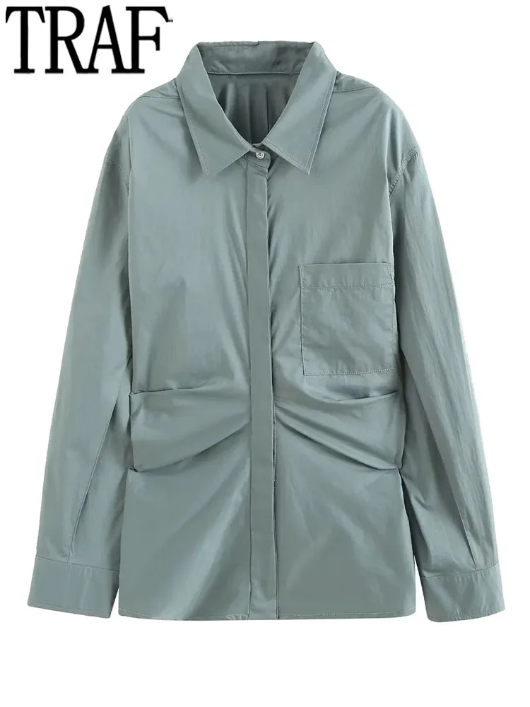 

TRAF 2023 Pleated Button Up Shirt Women Long Sleeve Shirts And Blouses For Women Y2k Streetwear Fashion Woman Blouses 2023