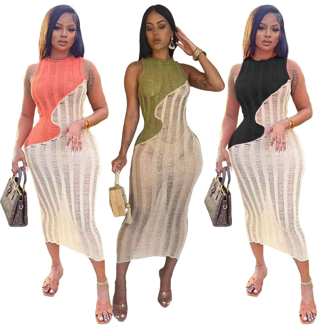 Casual Women Dress Sleeveless Color Patchwork Knit Ribbed Streetwear Long Dress Summer Clothes For Women Vestidos 2 Casual Women Dress Sleeveless Color Patchwork Knit Ribbed Streetwear Long Dress Summer Clothes For Women Vestidos 2