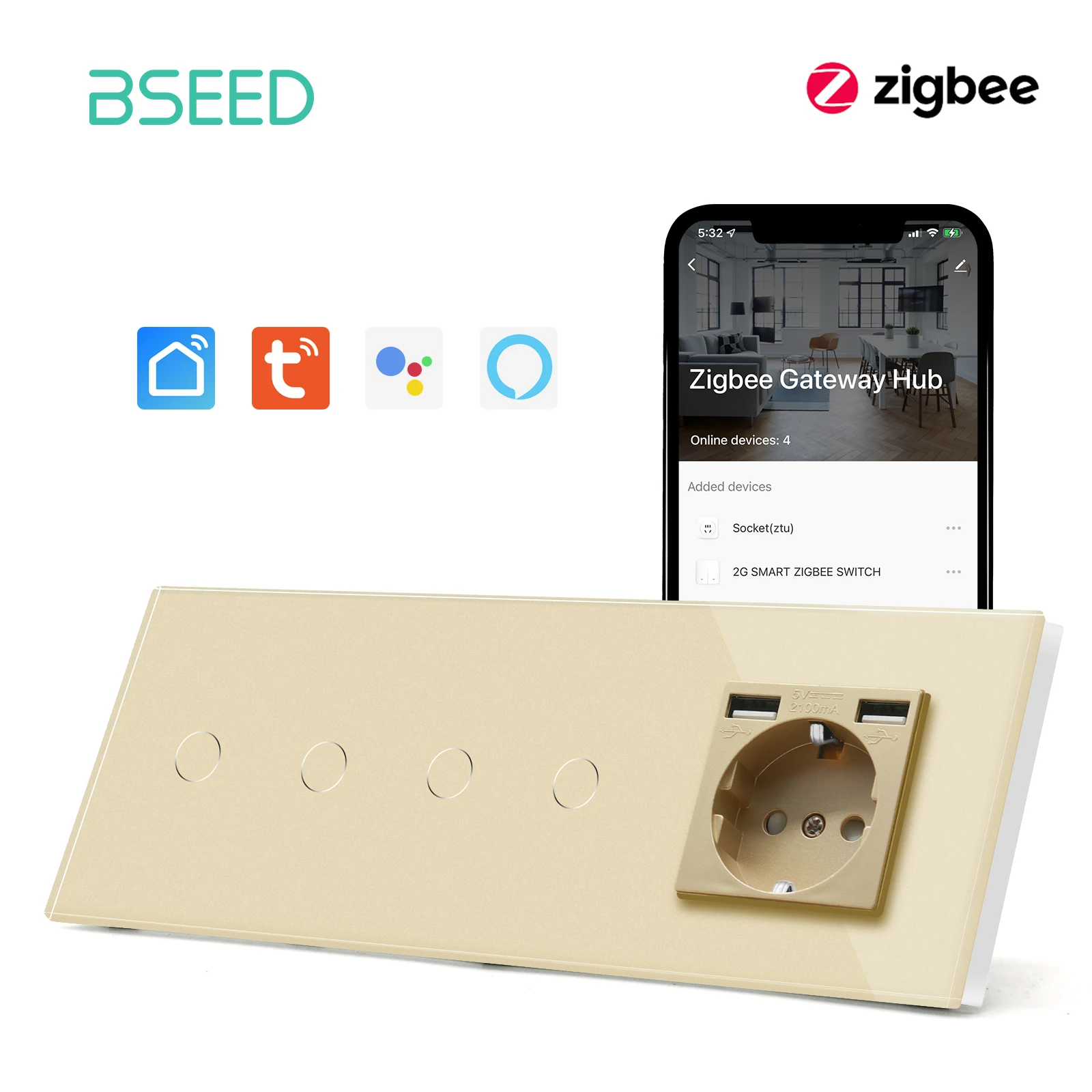

BSEED Умный двухклавишный выключатель с USB Type-C белый