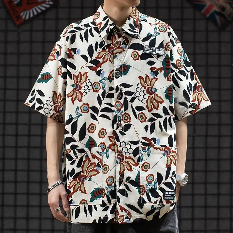 

2022 Men Hawaiian Shirt Hip Hop Streetwear Leaf Painting Plant Print Beach Shirt Short Sleeve Harajuku Casual Shirt Summer Tops