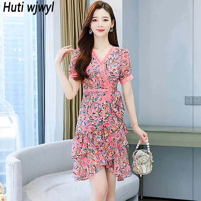 

Women Pink Floral Chiffon V-Neck Midi Dress Summer Ruffled Casual Boho Beach Sundress 2023 Korean Elegant Bodycon Party Vestidos