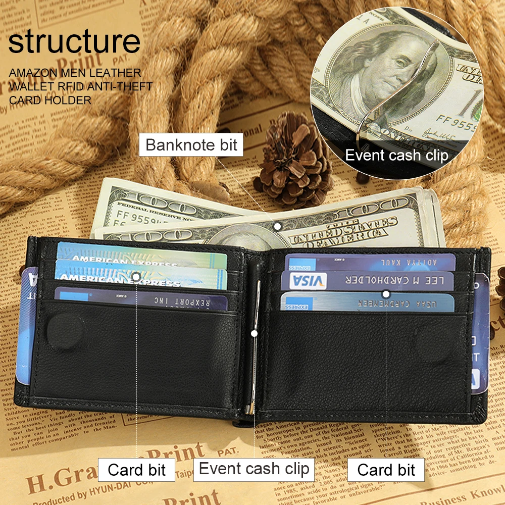

New Men Wallet Top Grain Leather Wallets for Men RFID Blocking Slim Wallet with Money Clip Gift for Him monederos 1204