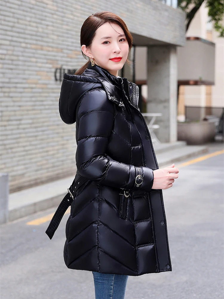 New Women Winter Thicken Down Jacket Simple Fashion Hooded Glossy Surface Belt Slim Down Coat Medium White Duck Down Outerwear