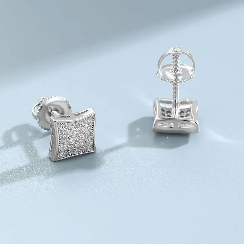 

S925 Sterling Silver Square Stud Earrings Full Zircon Screw Back Wedding Unisex Fine Jewelry Drop Shipping