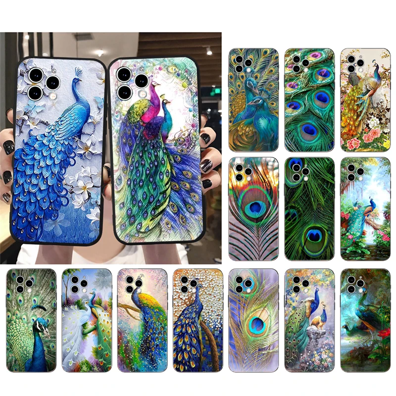 

Phone Case For iphone 15 14 Pro Max 13 12 11 Pro Max XS XR X 12mini 14 Plus SE Peacock Feathers Case Funda