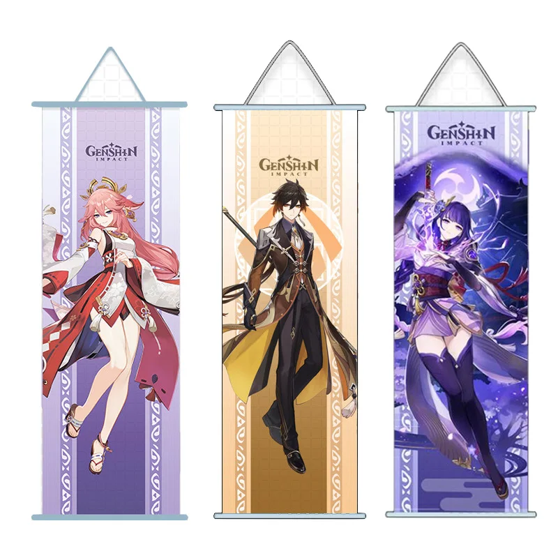 

Genshin Impact Anime Poster Zhongli Yae Miko Raiden Shogun Kamisato Ayato Scroll Canvas Wall Art Home Decor