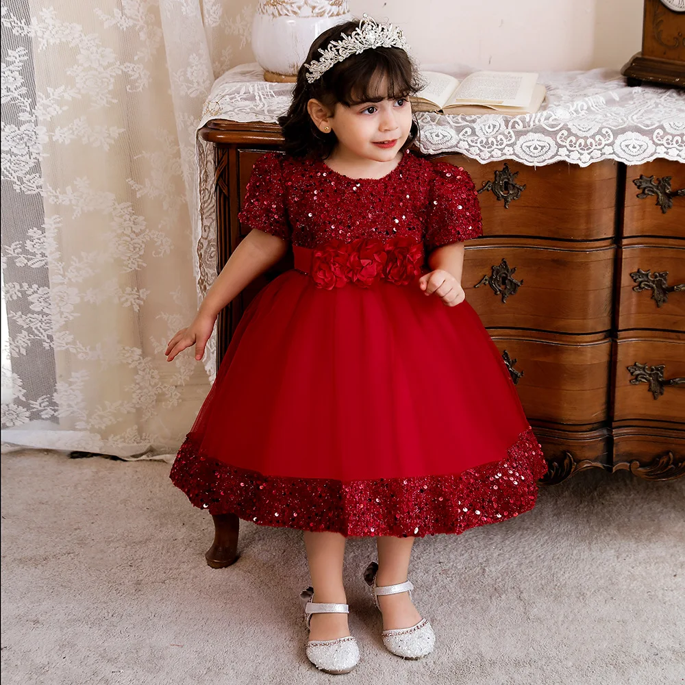 

Princess Red Short Sleeves Dresses for Baby Girls 1 Year Birthday Dress Infant Party Gowns Baby Baptism Wedding Gown Vestido