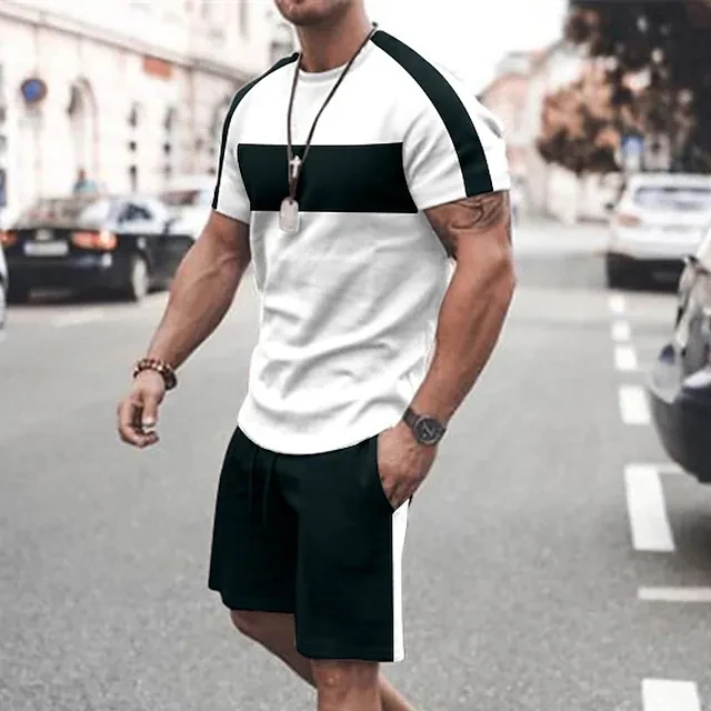 3D Print Men Cloths T-shirt Suits Ropa De Hombre Color Block O-Neck Outdoor Short Sleeve 2 Piece Apparel Fashion Designer