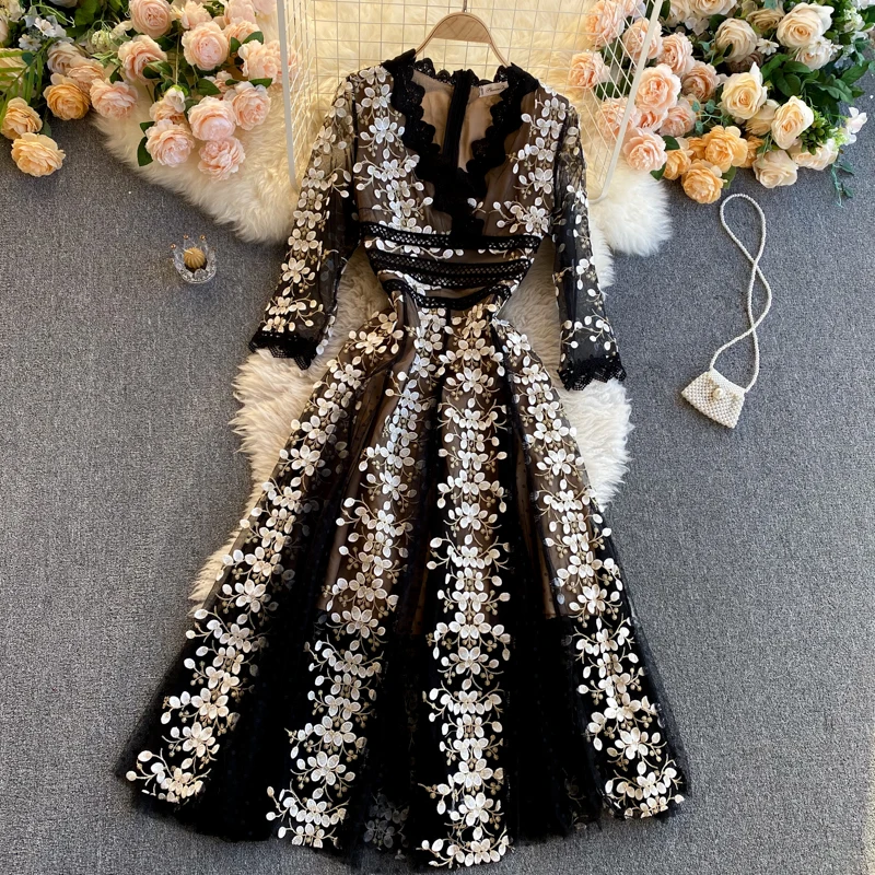 N GIRLS New Arrival High Quality Fashion Ladies Embroidery Flower A-line Dress Women's V Neck Elegant Clothing Vestido Feminino