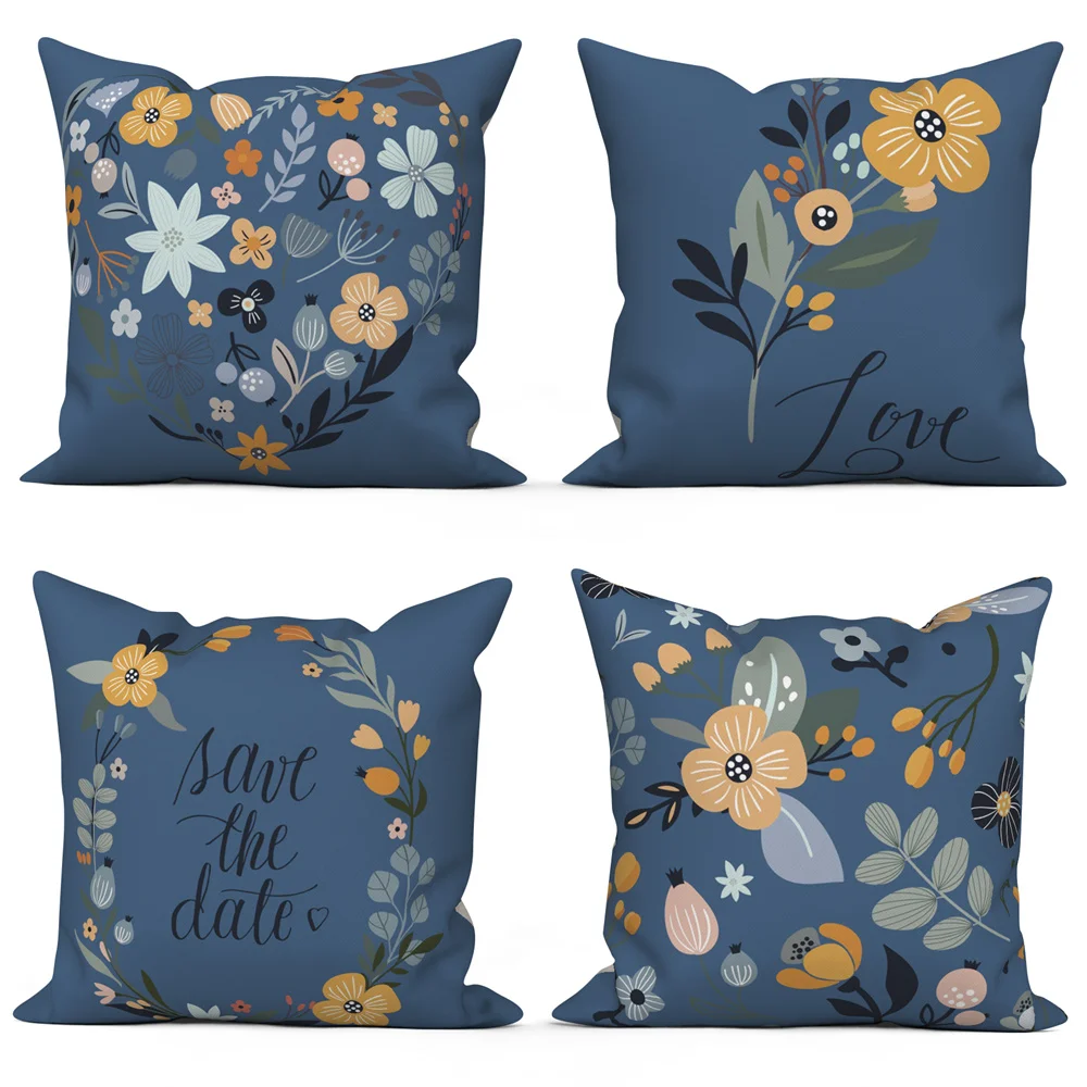 

Blue White Flower Save The Date Letter Pillowcase Polyester Linen Velvet Sofa Cushion Cover Sweet Home Decoration Throw Pillow