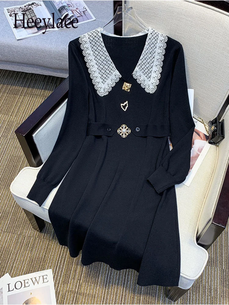 

Осеннее вязаное платье для женщин, французское винтажное кружевное вязаное платье в стиле пэчворк, офисное женское элегантное платье корейса, женская одежда