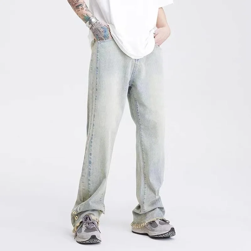 Men's Jeans High Street Hip Hop Frayed Breasted Straight Loose Jeans Y2k Pants Men Korean Fashion Streetwear Jeans Aestethic