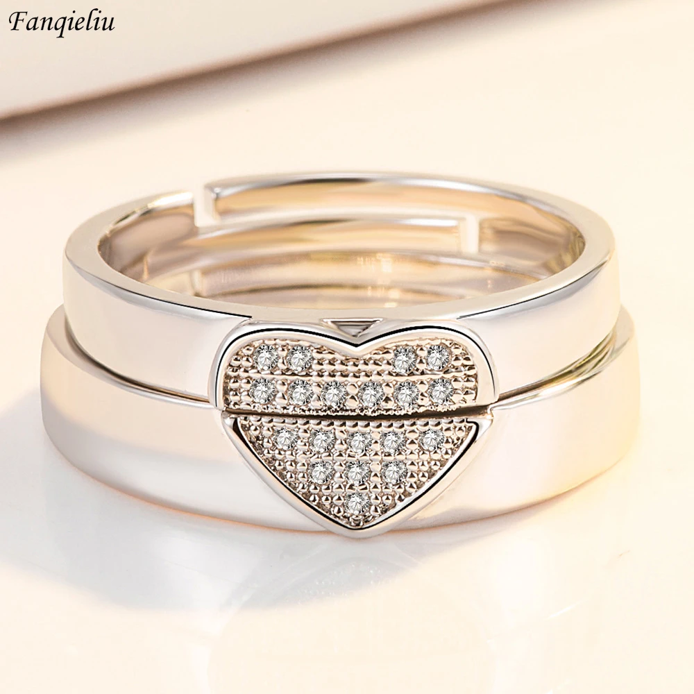 

Fanqieliu S925 Stamp Silver Plated Lovers Splicing Heart Zircon Ring For Woman Trendy Jewelry Man Gift New FQL21496