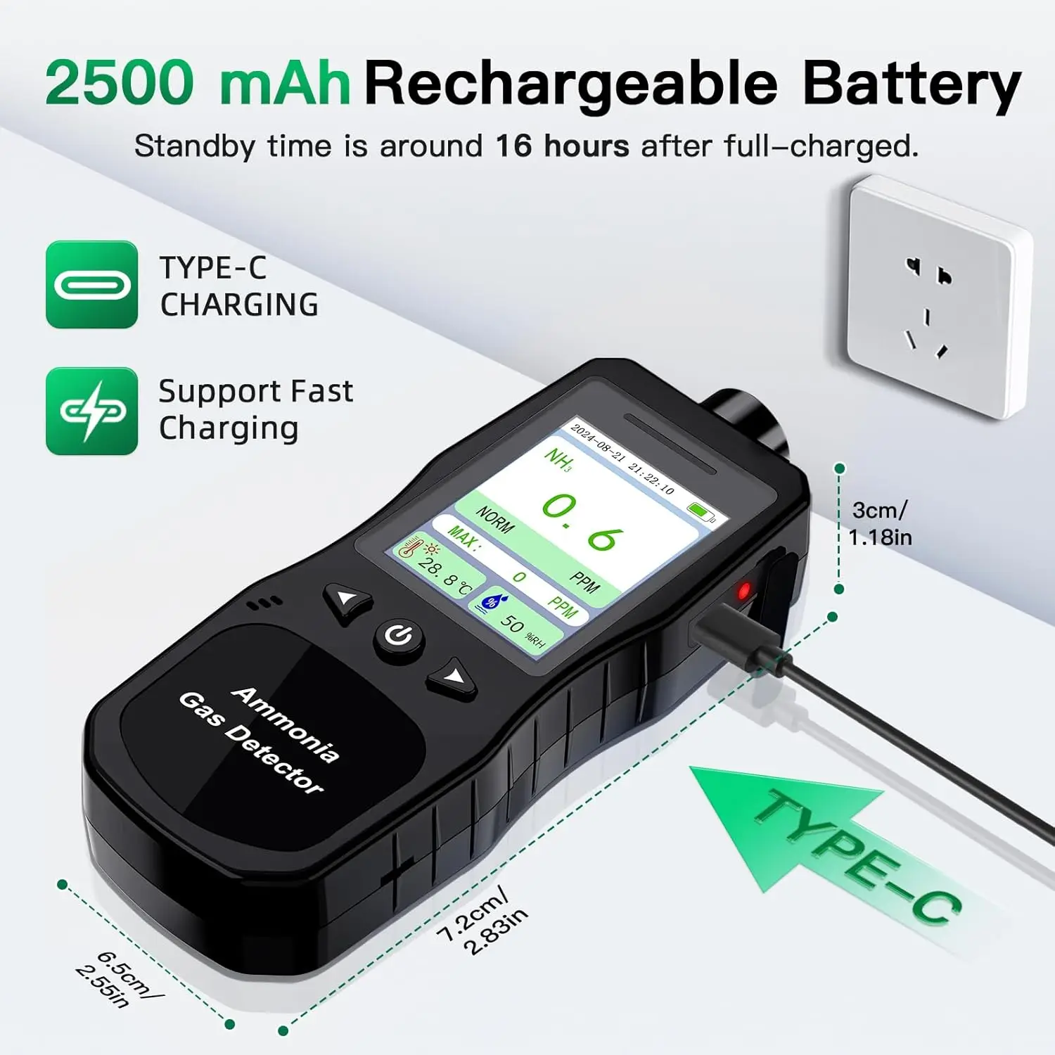 Перезаряжаемый детектор газа аммиака 0-200 PPM Портативный цифровой монитор